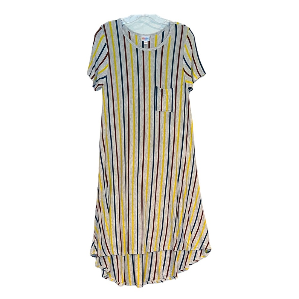 LULAROE Carly Hi-Lo tee shirt dress in pencil stripe and color design on gray